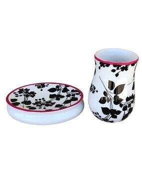 Steve Madden Ceramic Juliet Soap Dish Vase Black White floral Bathroom Accessory